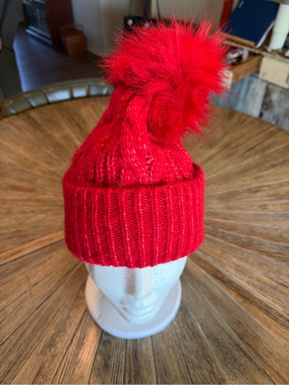 LOFT Red Cable Knit Beanie Faux Fur Pom Pom Cuffed Winter Hat Santa Baby